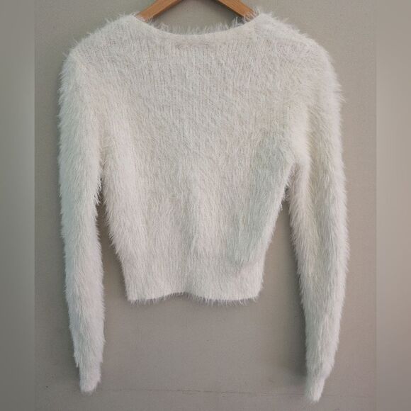 Slate and Willow Fuzzy Eyelash Argyle White Crop Cardigan Sweater Size XS - Picture 8 of 10